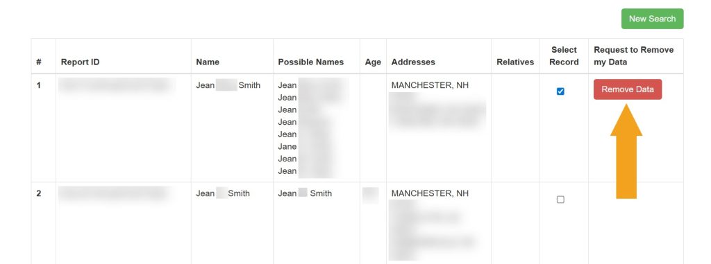 Clicking the "Remove Data" button next to a record to opt out of NewHampshireCourtRecords.us