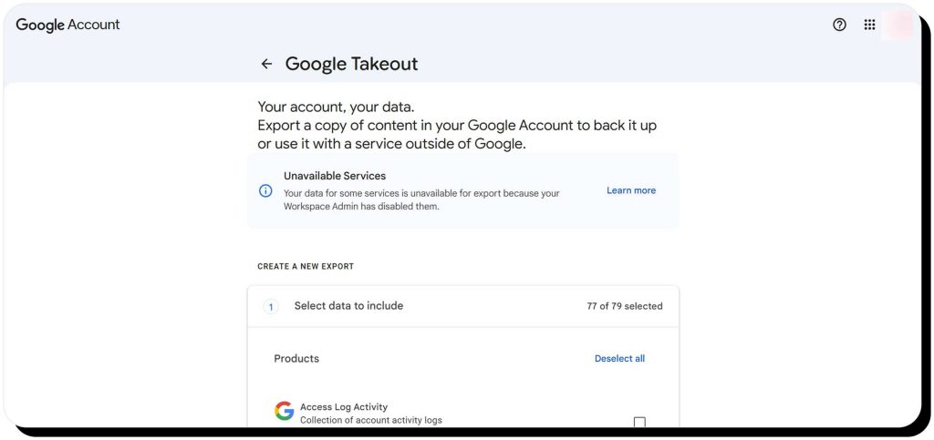 Google Takeout page to export a copy of Google Account data