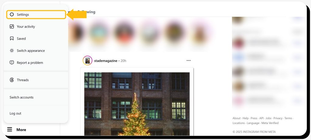 Instagram browser home page with "Settings" highlighted