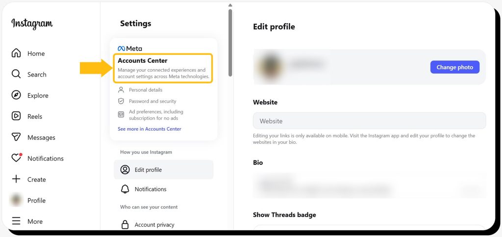 Settings page with "Accounts Center" pointed at on Instagram on desktop