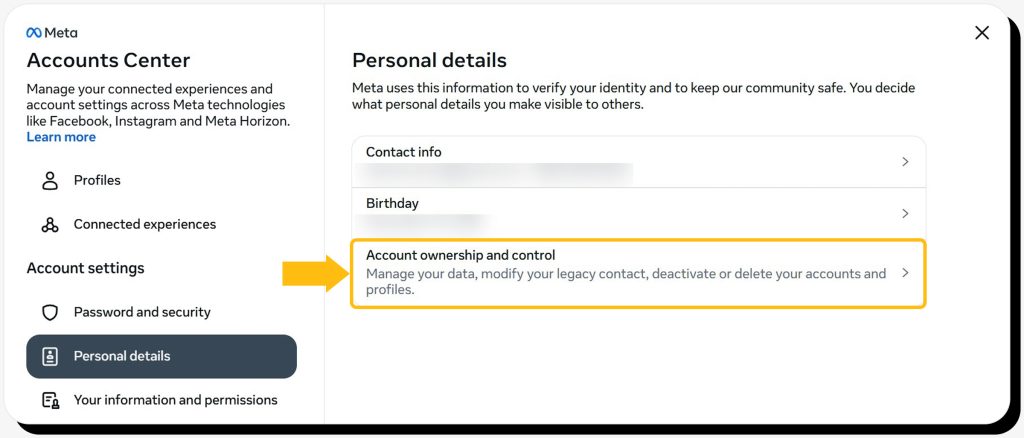 Accounts Center on Instagram on desktop with "Account ownership and control" highlighted