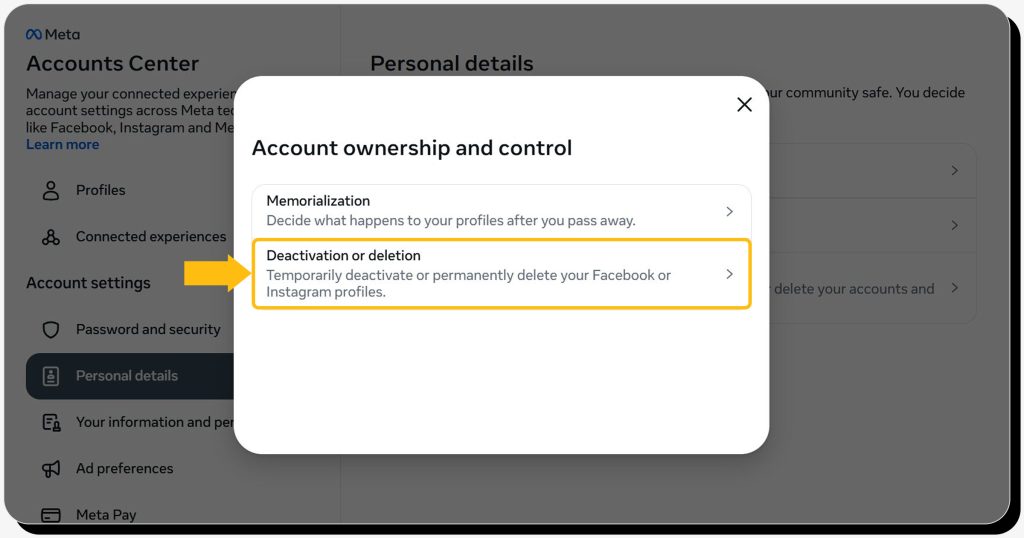 Account ownership and control pop-up on Instagram on desktop with “Deactivation or deletion" highlighted