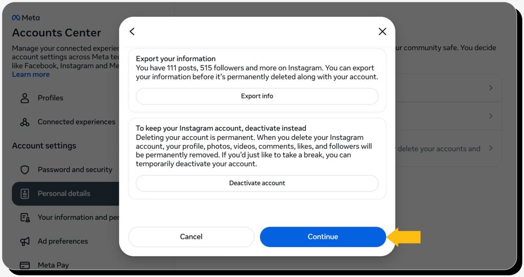 The "Before you delete" screen on Instagram on desktop
