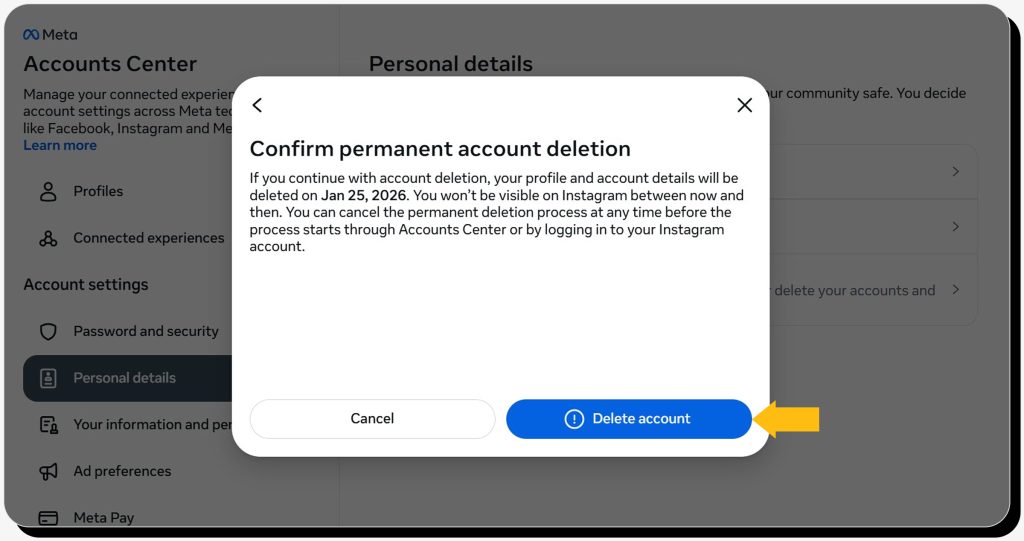 Confirming permanent account deletion on Instagram on desktop