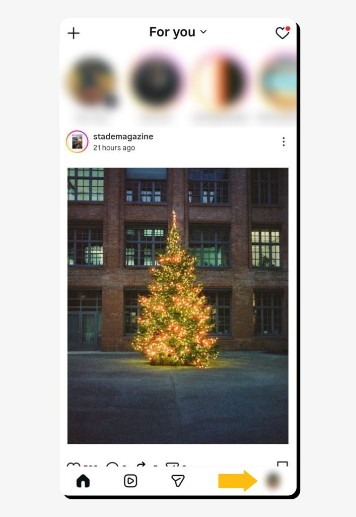 Instagram app home screen with an arrow pointing at "Profile"