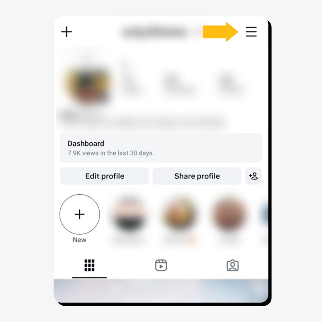 A profile screen on the Instagram app with an arrow pointing at menu