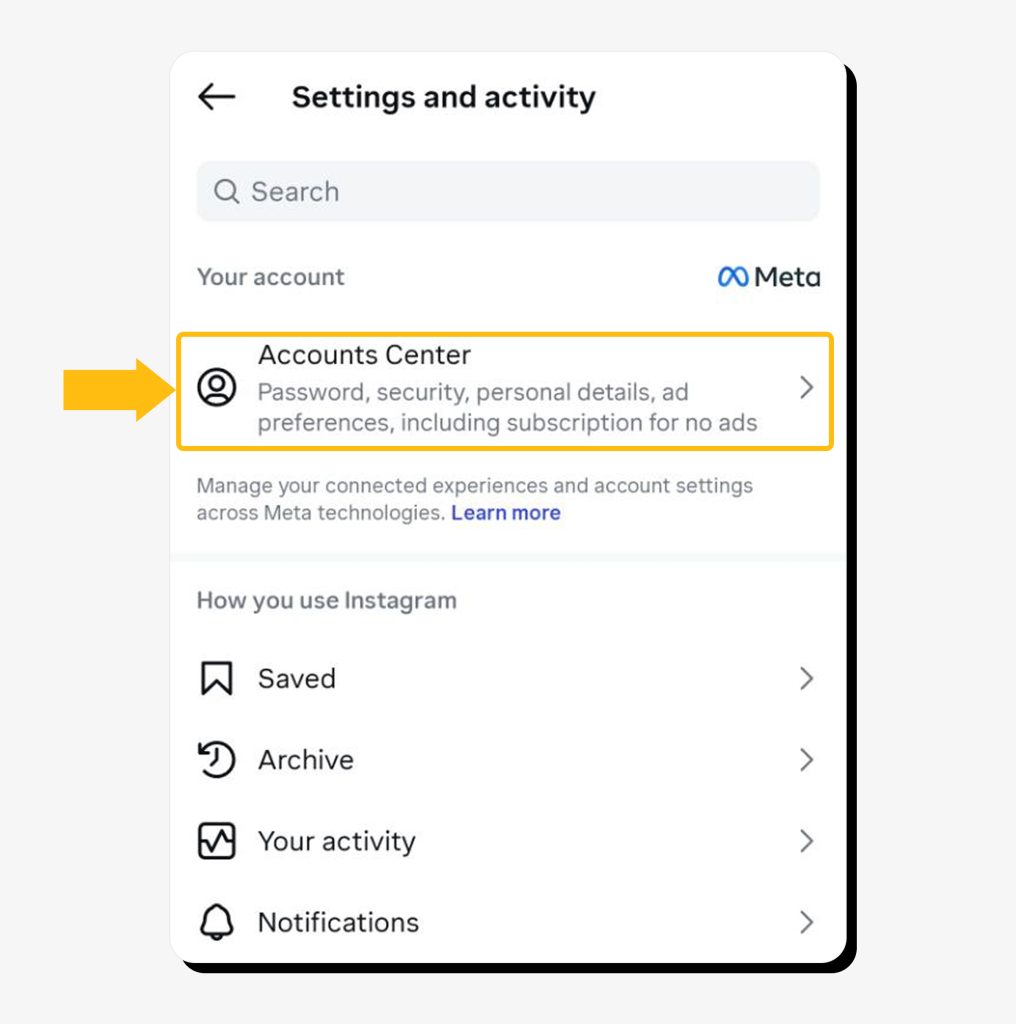 Settings and activity screen on the Instagram app with "Accounts Center" highlighted