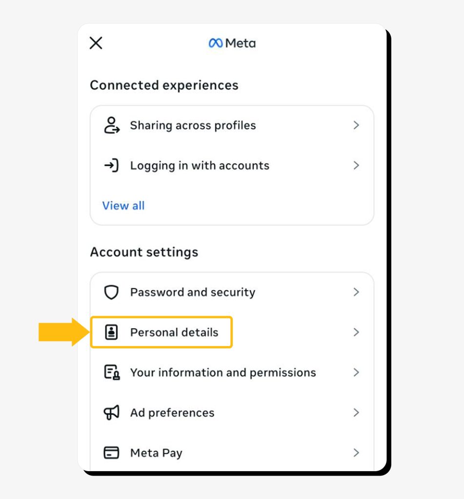 Accounts Center on the Instagram app with "Personal details" highlighted