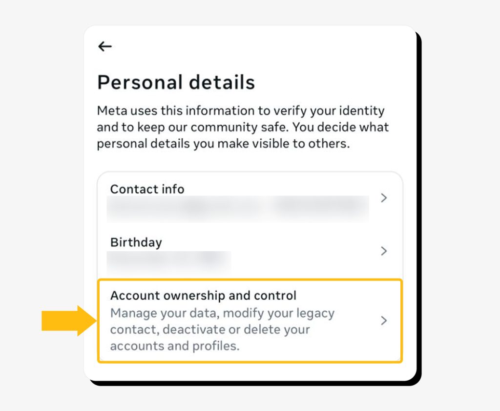 Personal details screen on the Instagram app with "Account ownership and control" highlighted
