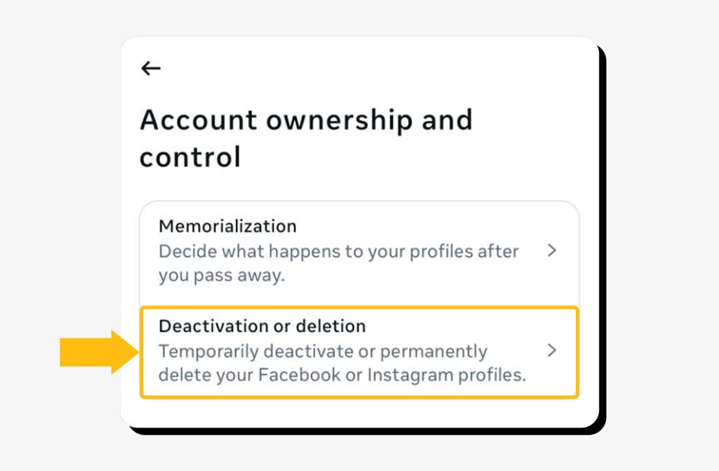 Account ownership and control screen on the Instagram app with “Deactivation or deletion" highlighted