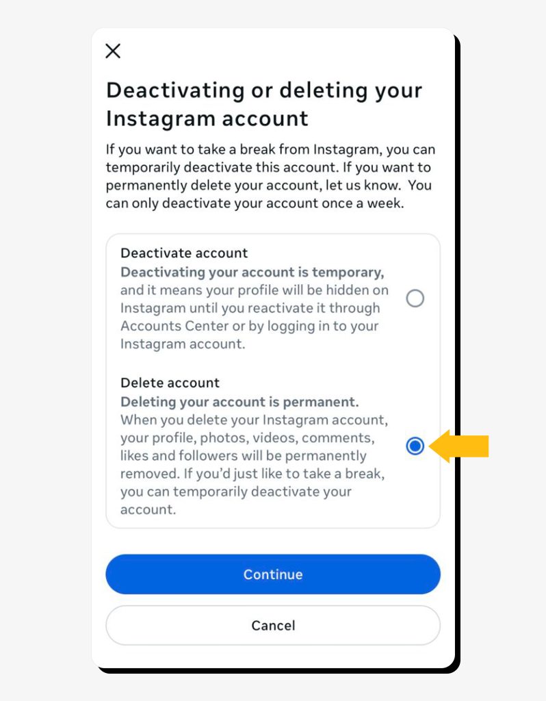 Selecting "Delete account" on the Instagram app