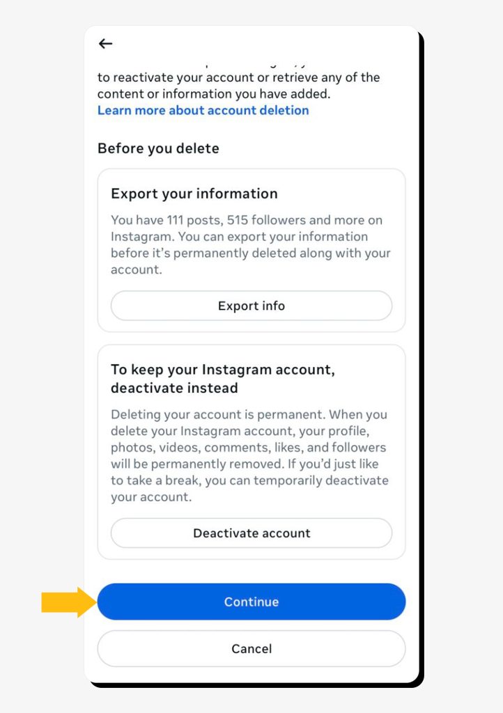 The "Before you delete" screen on the Instagram app