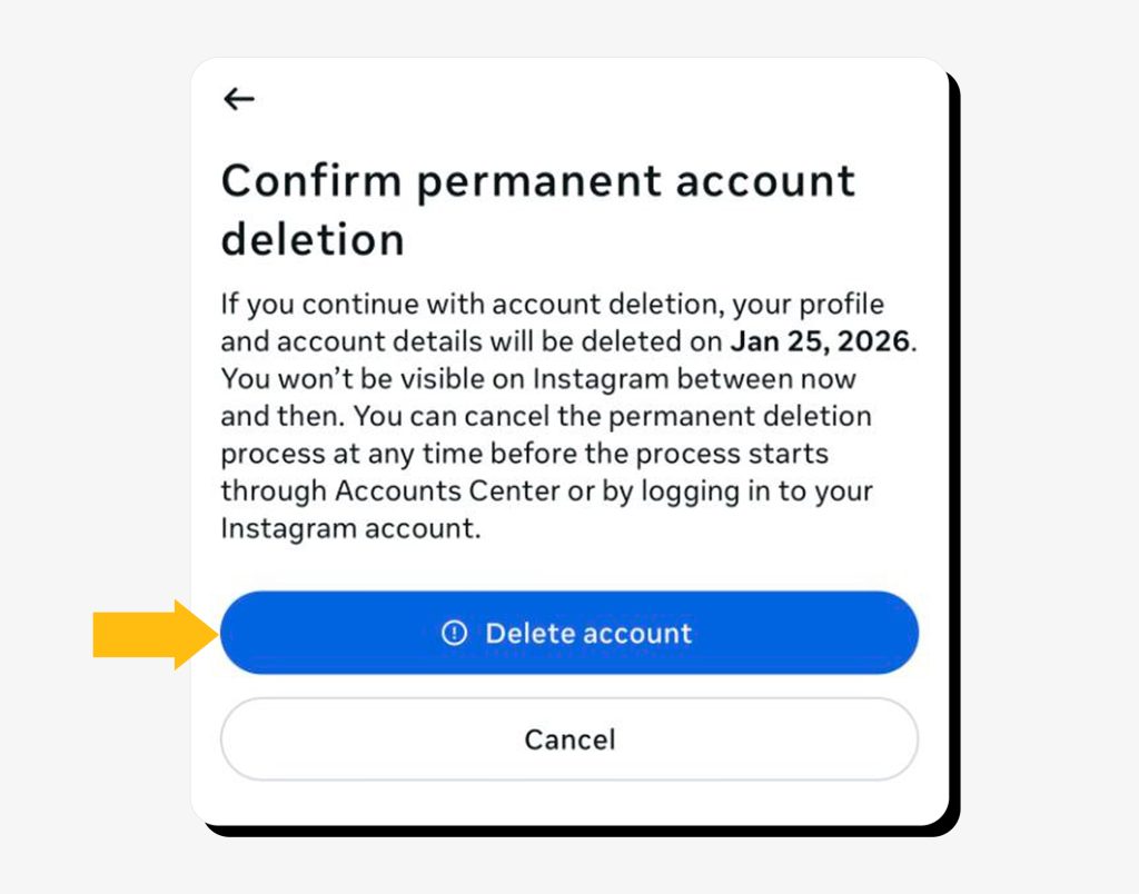 Confirming permanent account deletion screen on the Instagram app