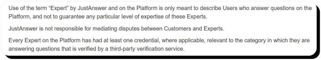 JustAnswer Privacy Policy describes what the term "Expert" means