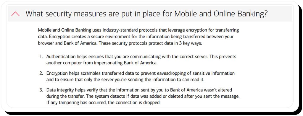 The "What security measures are put in place for mobile and online banking?" question in the Bank of America FAQs 