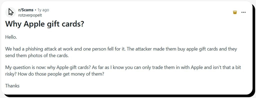 Reddit user asks why scammers want Apple gift cards