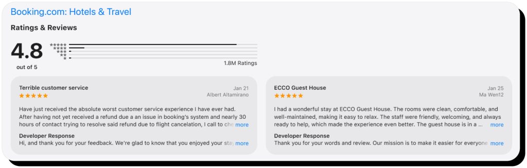 Booking.com reviews and a 4.8 rating in the App Store