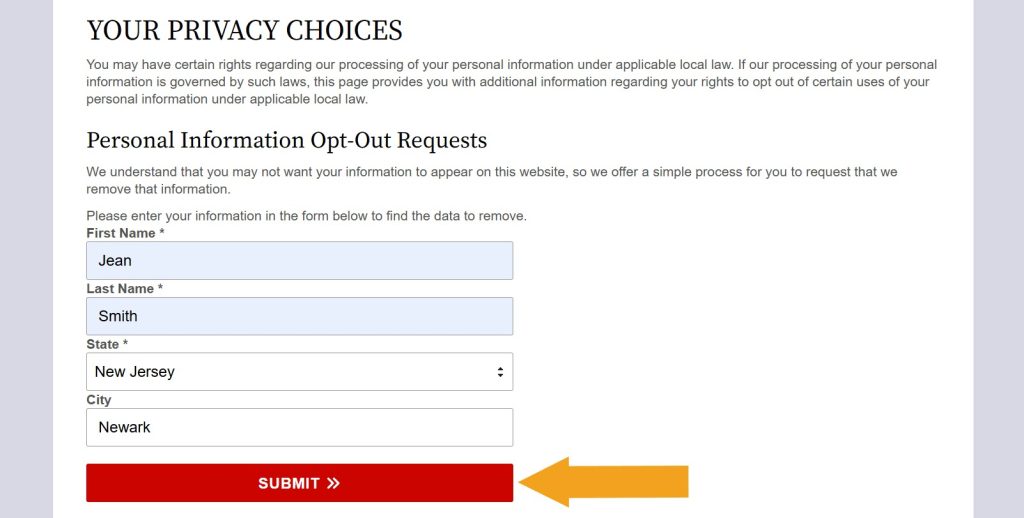 NewJerseyCourtRecords.us "Your privacy choices" page with the opt-out form completed