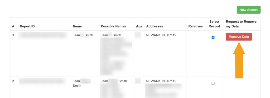 Clicking the "Remove Data" button next to a record to opt out of NewJerseyCourtRecords.us