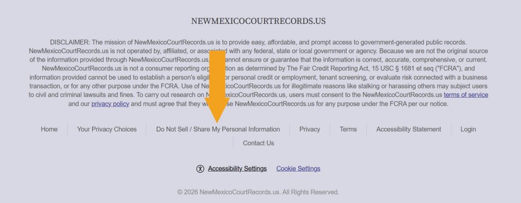 NewMexicoCourtRecords.us footer with the link pointing at "Do Not Sell / Share My Personal Information"