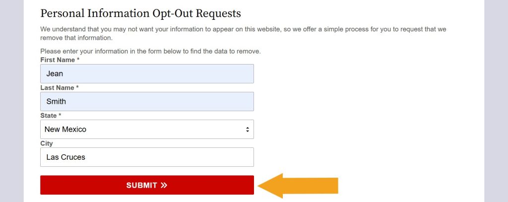 Filled out "Personal Information Opt-Out Requests" form on NewMexicoCourtRecords.us