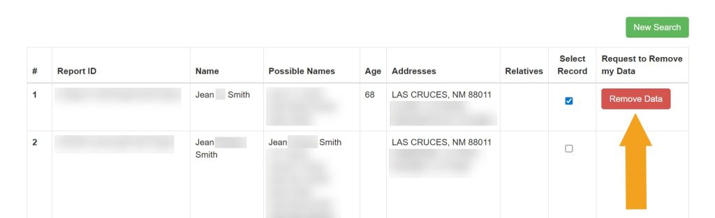 Clicking the "Remove Data" button next to a record to opt out of NewMexicoCourtRecords.us