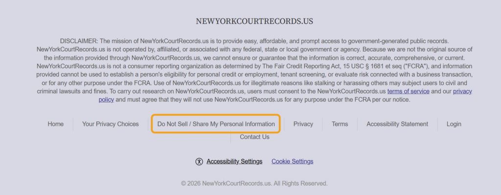 NewYorkCourtRecords.us footer with the "Do Not Sell / Share My Personal Information" link highlighted