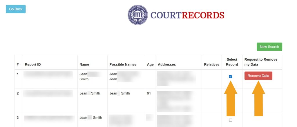 Selecting which record to remove from NewYorkCourtRecords.us