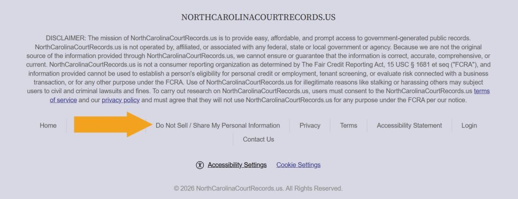 NorthCarolinaCourtRecords.us footer with the "Do Not Sell / Share My Personal Information" link highlighted