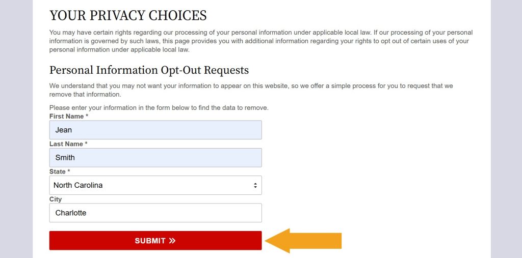 Filled out "Personal Information Opt-Out Requests" form on NorthCarolinaCourtRecords.us