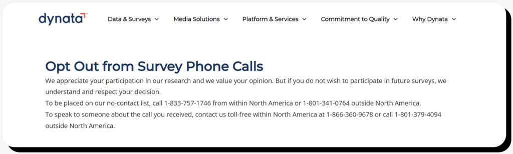 Dynata explain on their site how to opt out from survey phone calls