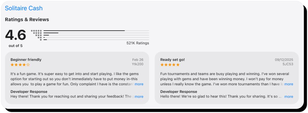 Solitaire Cash reviews in the App Store with a 4.6 rating