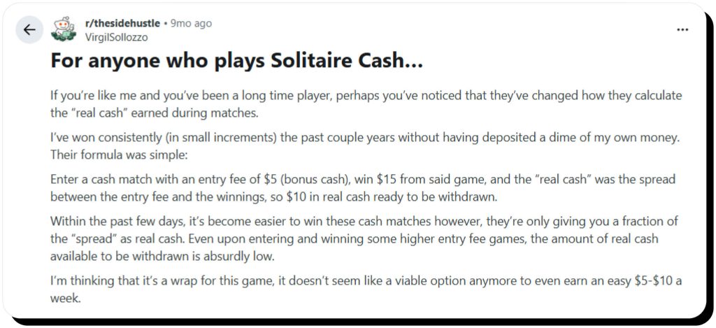 A "For anyone who plays Solitaire Cash" post on Reddit