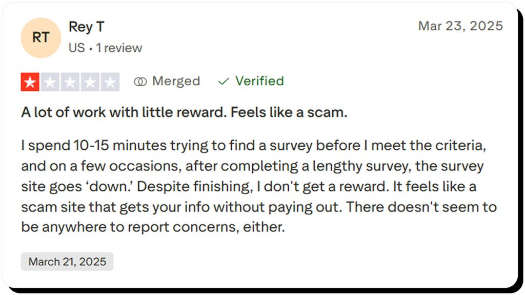 A 1-star review about Surveyworld from Rey T on Trustpilot