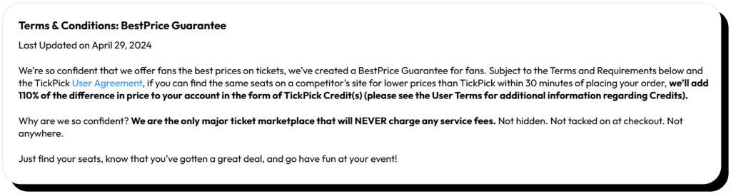 TickPick Terms & Conditions describe its BestPrice Guarantee