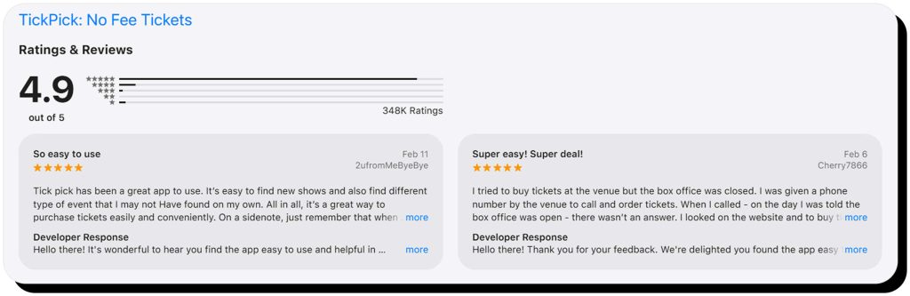 TickPick 4.9 rating with two positive reviews on the Apple App Store