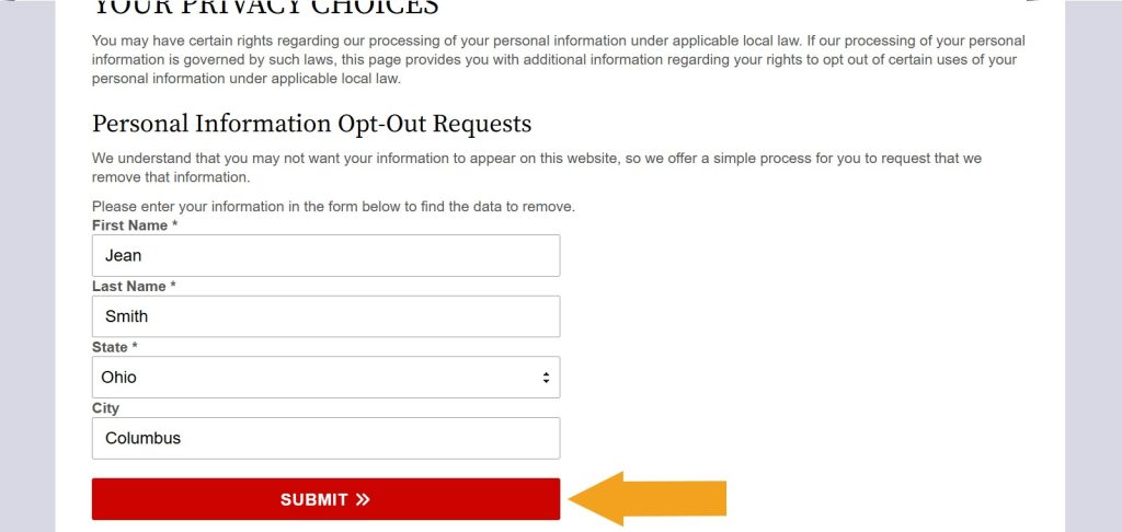 Filled out "Personal Information Opt-Out Requests" form on OhioCourtRecords.us