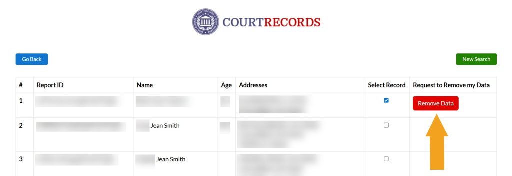 Clicking the "Remove Data" button on OhioCourtRecords.us