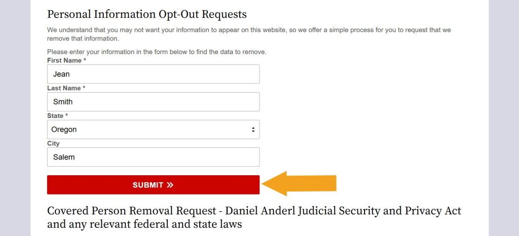 Filled out "Personal Information Opt-Out Requests" form on OregonCourtRecords.us