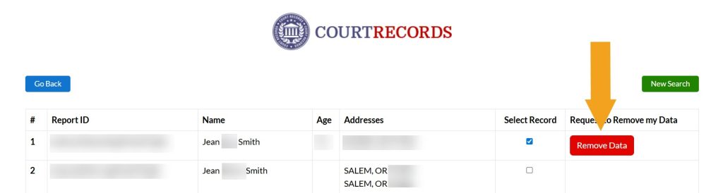 Clicking the "Remove Data" button on OregonCourtRecords.us