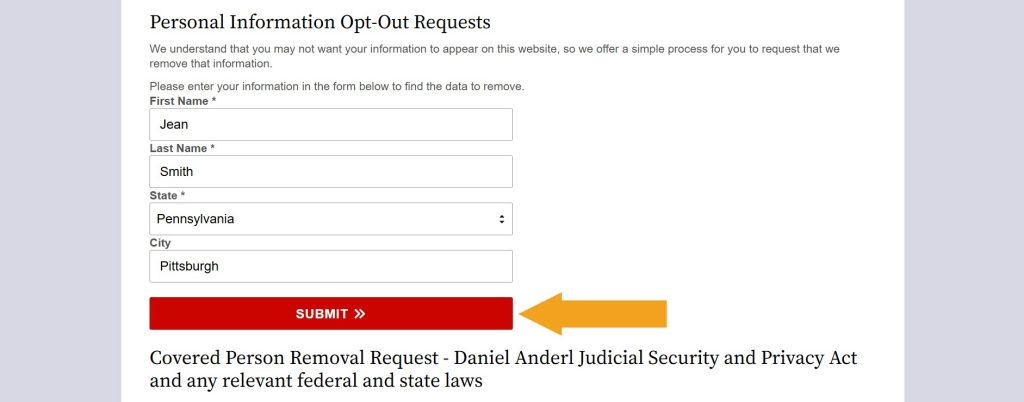 Filled out "Personal Information Opt-Out Requests" form on PennsylvaniaCourtRecords.us