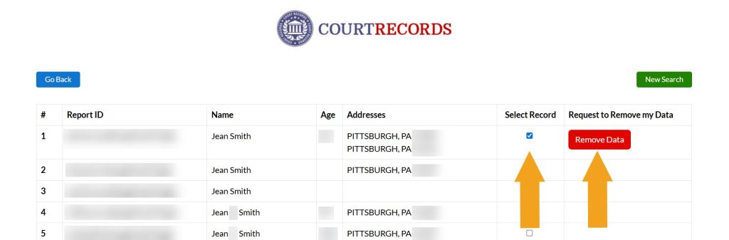 Selecting which record to remove from PennsylvaniaCourtRecords.us