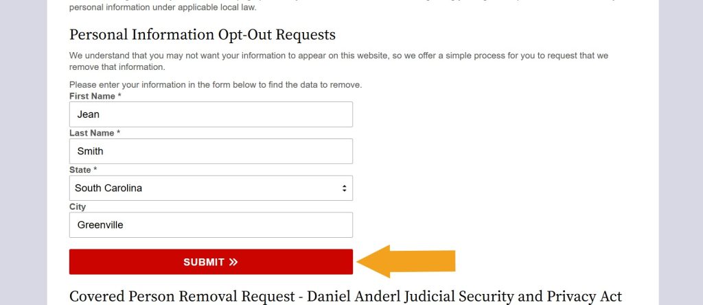Filled out "Personal Information Opt-Out Requests" form on SouthCarolinaCourtRecords.us