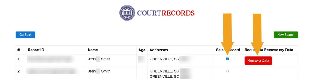 Selecting which record to remove from SouthCarolinaCourtRecords.us