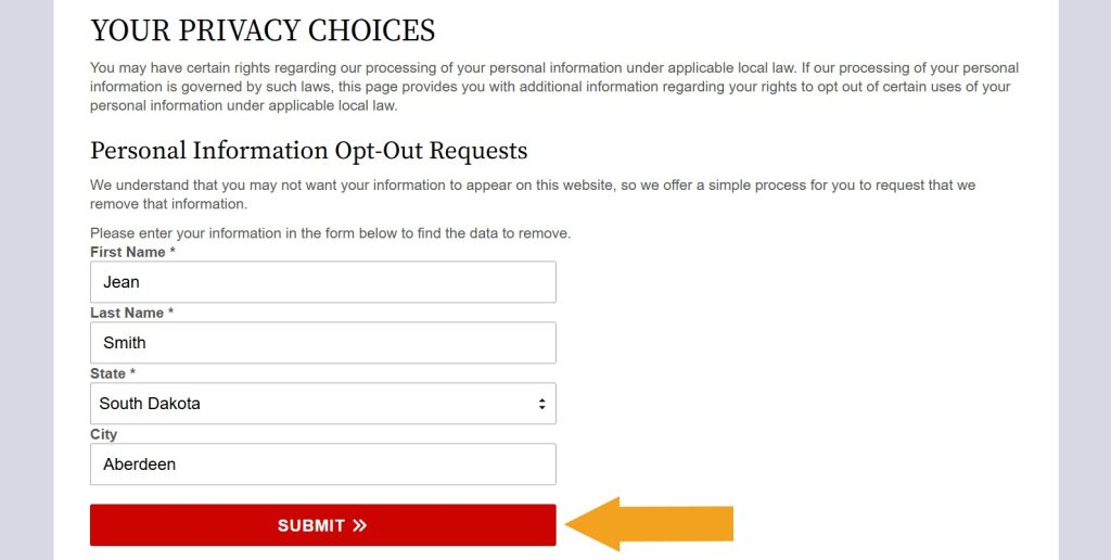 Filled out "Personal Information Opt-Out Requests" form on SouthDakotaCourtRecords.us