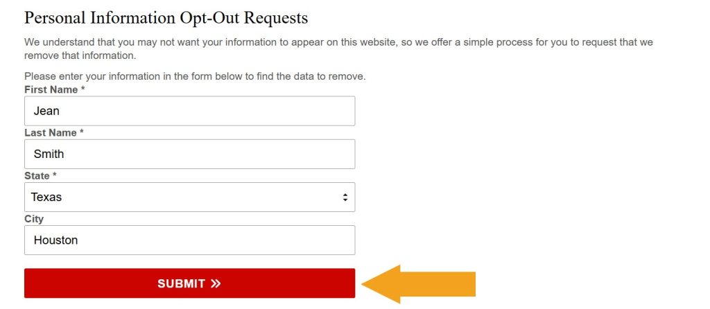 Filled out "Personal Information Opt-Out Requests" form on TexasCourtRecords.us