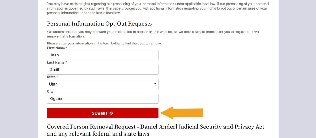 Filled out "Personal Information Opt-Out Requests" form on UtahCourtRecords.us