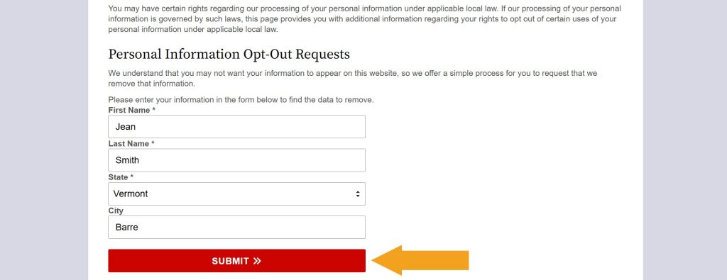 Filled out "Personal Information Opt-Out Requests" form on VermontCourtRecords.us
