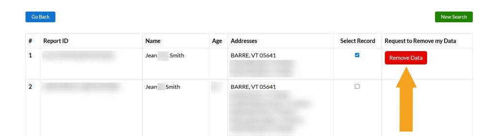 Clicking the "Remove Data" button on VermontCourtRecords.us