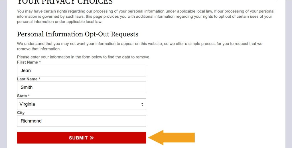 Filled out "Personal Information Opt-Out Requests" form on VirginiaCourtRecords.us